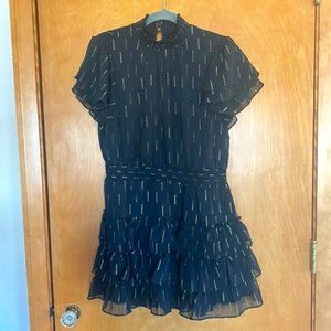 Express, Metallic Mock Neck Short Sleeve Ruffle Tiered Mini Dress, Large